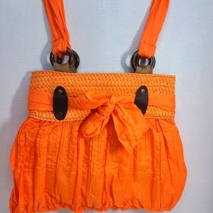 Over The Shoulder Lightweight Pocketbook, Fabric, Wood,Bow, Zipper, Plea…